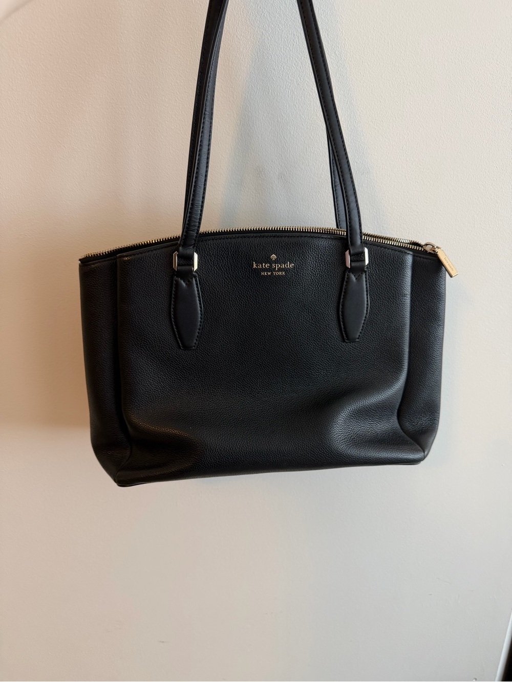 kate spade black leather shoulder tote with gold hardware
